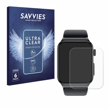 Vorderseite einer Produktverpackung mit dem Markenlogo Savvies. Daneben ist das Gerät Douself Smartwatch 1.85
