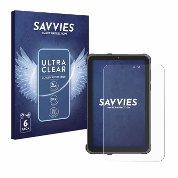 Vorderseite einer Produktverpackung mit dem Markenlogo Savvies. Daneben ist das Gerät Oukitel RT3 Pro mit dem zugehörigen Disp