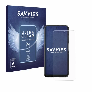 Vorderseite einer Produktverpackung mit dem Markenlogo Savvies. Daneben ist das Gerät HMD Fusion mit dem zugehörigen Displaysc