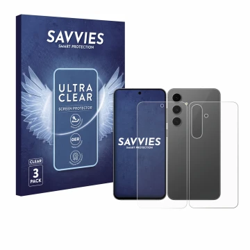 Vorderseite einer Produktverpackung mit dem Markenlogo Savvies. Daneben ist das Gerät Samsung Galaxy S24 FE (Display+Rückseite