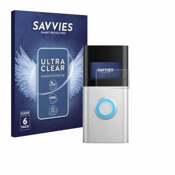 Vorderseite einer Produktverpackung mit dem Markenlogo Savvies. Daneben ist das Gerät Ring Video Doorbell 3 Plus mit dem zugeh
