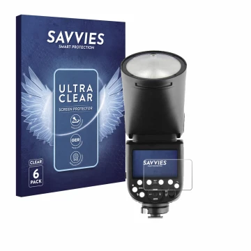 Vorderseite einer Produktverpackung mit dem Markenlogo Savvies. Daneben ist das Gerät Godox TT685 II mit dem zugehörigen Displ