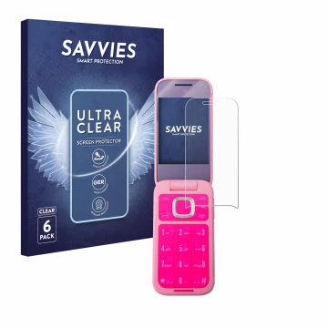 Vorderseite einer Produktverpackung mit dem Markenlogo Savvies. Daneben ist das Gerät HMD Barbie Phone mit dem zugehörigen Dis