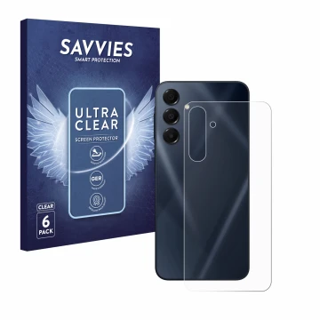Vorderseite einer Produktverpackung mit dem Markenlogo Savvies. Daneben ist das Gerät Samsung Galaxy A16 5G (Rückseite) mit de