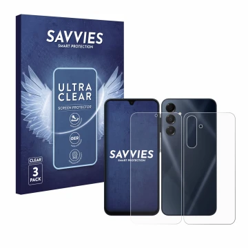 Vorderseite einer Produktverpackung mit dem Markenlogo Savvies. Daneben ist das Gerät Samsung Galaxy A16 5G (Display+Rückseite