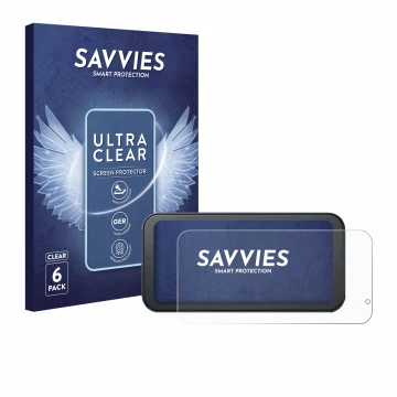 Vorderseite einer Produktverpackung mit dem Markenlogo Savvies. Daneben ist das Gerät Lamto Motorrad Carplay 6.25