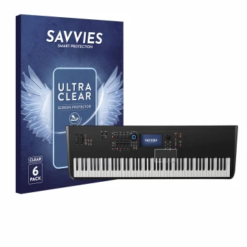 Vorderseite einer Produktverpackung mit dem Markenlogo Savvies. Daneben ist das Gerät Yamaha MODX8+ mit dem zugehörigen Displa