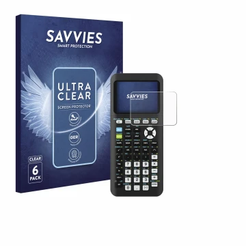 Vorderseite einer Produktverpackung mit dem Markenlogo Savvies. Daneben ist das Gerät Texas Instruments TI-84 Plus CE-T Python
