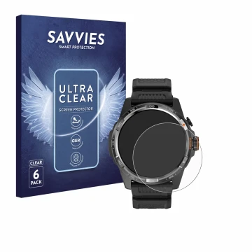 Vorderseite einer Produktverpackung mit dem Markenlogo Savvies. Daneben ist das Gerät Mobvoi Ticwatch Atlas mit dem zugehörige