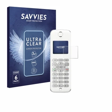 Vorderseite einer Produktverpackung mit dem Markenlogo Savvies. Daneben ist das Gerät AVM Fritz!Fon M2 mit dem zugehörigen Dis