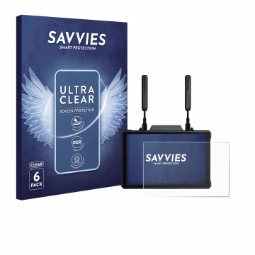 Vorderseite einer Produktverpackung mit dem Markenlogo Savvies. Daneben ist das Gerät Hollyland Pyro 7 mit dem zugehörigen Dis
