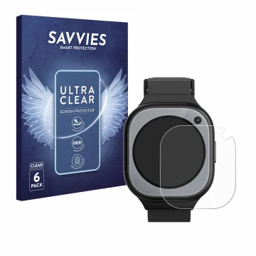 Vorderseite einer Produktverpackung mit dem Markenlogo Savvies. Daneben ist das Gerät Xplora X6Pro mit dem zugehörigen Display