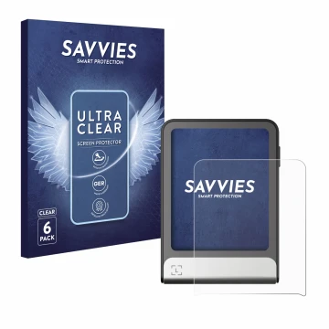 Vorderseite einer Produktverpackung mit dem Markenlogo Savvies. Daneben ist das Gerät Ledger Flex mit dem zugehörigen Displays