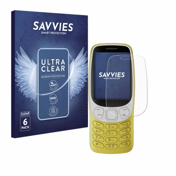 Vorderseite einer Produktverpackung mit dem Markenlogo Savvies. Daneben ist das Gerät Nokia 3210 mit dem zugehörigen Displaysc