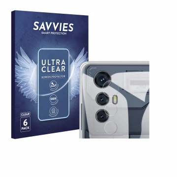 Vorderseite einer Produktverpackung mit dem Markenlogo Savvies. Daneben ist das Gerät Cubot Max 5 (NUR Kamera) mit dem zugehör
