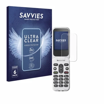 Vorderseite einer Produktverpackung mit dem Markenlogo Savvies. Daneben ist das Gerät Doro 2820 mit dem zugehörigen Displaysch