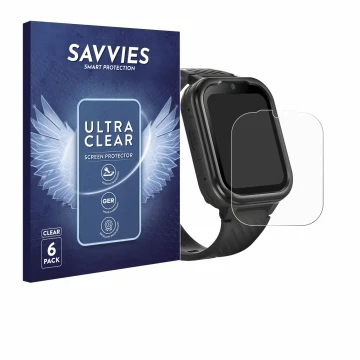 Vorderseite einer Produktverpackung mit dem Markenlogo Savvies. Daneben ist das Gerät RAYOFI Kids Smartwatch mit dem zugehörig