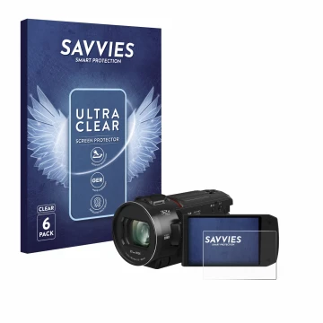 Vorderseite einer Produktverpackung mit dem Markenlogo Savvies. Daneben ist das Gerät Panasonic HC-VX3 mit dem zugehörigen Dis