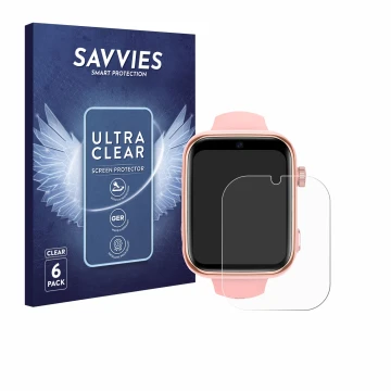 Vorderseite einer Produktverpackung mit dem Markenlogo Savvies. Daneben ist das Gerät Akumaka 4G Kids Smartwatch mit dem zugeh