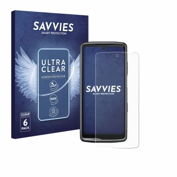 Vorderseite einer Produktverpackung mit dem Markenlogo Savvies. Daneben ist das Gerät Crosscall Stellar M6 mit dem zugehörigen