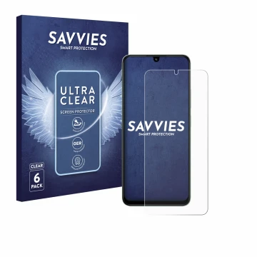 Vorderseite einer Produktverpackung mit dem Markenlogo Savvies. Daneben ist das Gerät Xiaomi Poco C75 mit dem zugehörigen Disp