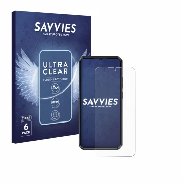 Vorderseite einer Produktverpackung mit dem Markenlogo Savvies. Daneben ist das Gerät Oukitel WP52 mit dem zugehörigen Display