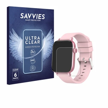 Vorderseite einer Produktverpackung mit dem Markenlogo Savvies. Daneben ist das Gerät Ombar Smartwatch 1.9