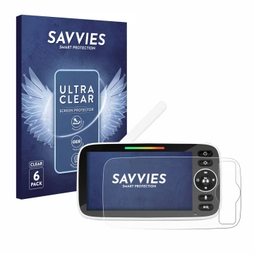 Vorderseite einer Produktverpackung mit dem Markenlogo Savvies. Daneben ist das Gerät Yuede Babyphone Monitor 5