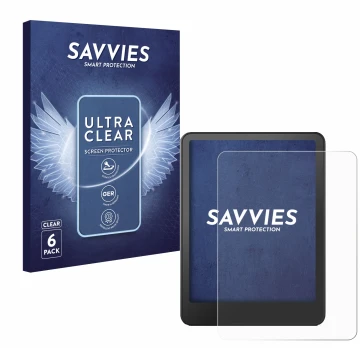 Vorderseite einer Produktverpackung mit dem Markenlogo Savvies. Daneben ist das Gerät Amazon Kindle Paperwhite 2024 (12. Gen.)