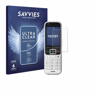 Vorderseite einer Produktverpackung mit dem Markenlogo Savvies. Daneben ist das Gerät Unify OpenScape S6 mit dem zugehörigen D
