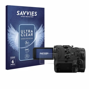 Vorderseite einer Produktverpackung mit dem Markenlogo Savvies. Daneben ist das Gerät Canon EOS C400 mit dem zugehörigen Displ