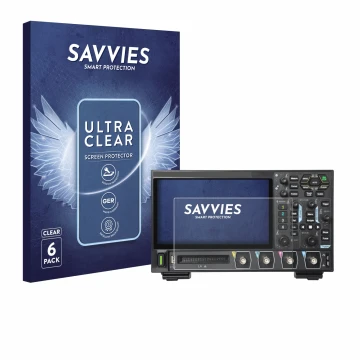 Vorderseite einer Produktverpackung mit dem Markenlogo Savvies. Daneben ist das Gerät Rigol DHO914 mit dem zugehörigen Display