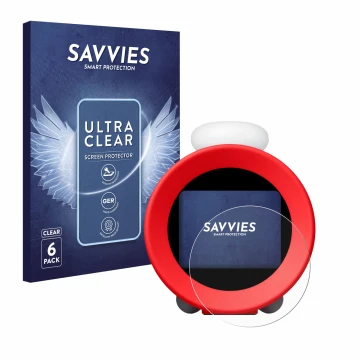 Vorderseite einer Produktverpackung mit dem Markenlogo Savvies. Daneben ist das Gerät Nintendo Sound Clock Alarmo mit dem zuge
