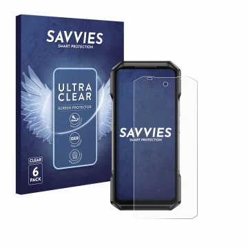 Vorderseite einer Produktverpackung mit dem Markenlogo Savvies. Daneben ist das Gerät Ulefone Armor 27 mit dem zugehörigen Dis