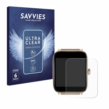 Vorderseite einer Produktverpackung mit dem Markenlogo Savvies. Daneben ist das Gerät Ibettertec Smartwatch 1.83