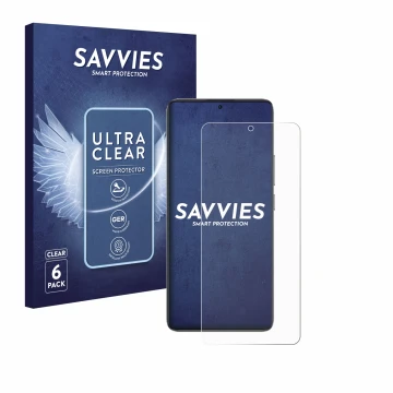Vorderseite einer Produktverpackung mit dem Markenlogo Savvies. Daneben ist das Gerät Xiaomi Poco F7 Pro mit dem zugehörigen D