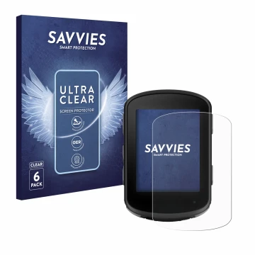 Vorderseite einer Produktverpackung mit dem Markenlogo Savvies. Daneben ist das Gerät Garmin Edge 840 Solar mit dem zugehörige