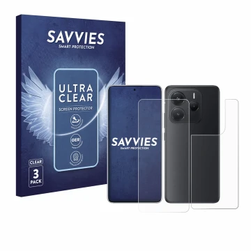 Vorderseite einer Produktverpackung mit dem Markenlogo Savvies. Daneben ist das Gerät Xiaomi Redmi Note 14 (Display+Rückseite)