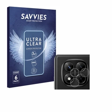 Vorderseite einer Produktverpackung mit dem Markenlogo Savvies. Daneben ist das Gerät Xiaomi Redmi Note 14 Pro (NUR Kameraschu