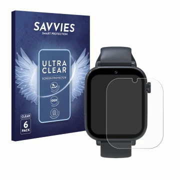 Vorderseite einer Produktverpackung mit dem Markenlogo Savvies. Daneben ist das Gerät Forever Kids Smartwatch mit dem zugehöri