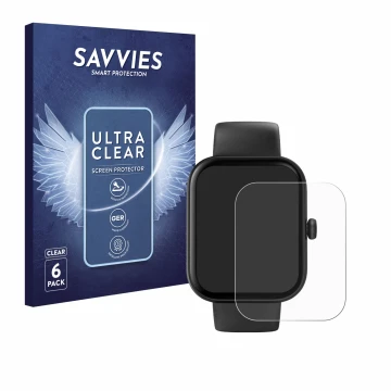 Vorderseite einer Produktverpackung mit dem Markenlogo Savvies. Daneben ist das Gerät Hama Fit Watch 5000 mit dem zugehörigen 