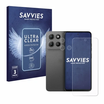Vorderseite einer Produktverpackung mit dem Markenlogo Savvies. Daneben ist das Gerät Motorola Moto G15 Power (Display+Kamera)