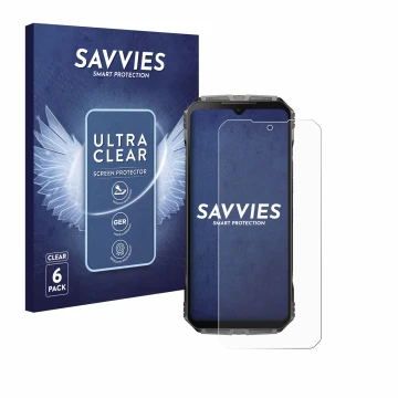 Vorderseite einer Produktverpackung mit dem Markenlogo Savvies. Daneben ist das Gerät Doogee S Cyber mit dem zugehörigen Displ