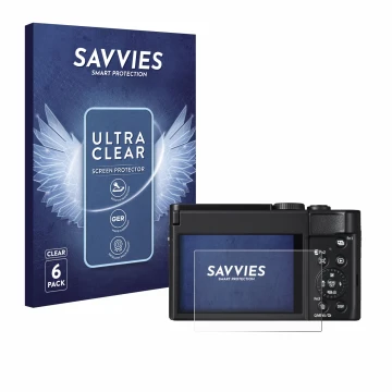 Vorderseite einer Produktverpackung mit dem Markenlogo Savvies. Daneben ist das Gerät Panasonic Lumix DC-TZ99 mit dem zugehöri