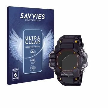 Vorderseite einer Produktverpackung mit dem Markenlogo Savvies. Daneben ist das Gerät Casio G-Shock GPR-H 1000 mit dem zugehör