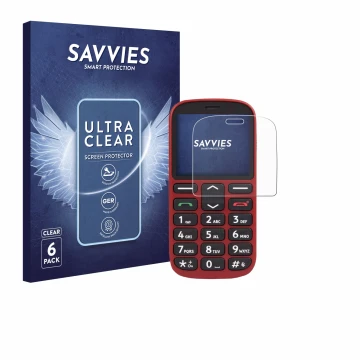 Vorderseite einer Produktverpackung mit dem Markenlogo Savvies. Daneben ist das Gerät Doro 1360 mit dem zugehörigen Displaysch