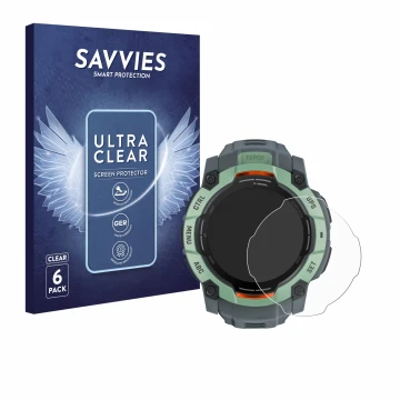 Vorderseite einer Produktverpackung mit dem Markenlogo Savvies. Daneben ist das Gerät Garmin Instinct 3 AMOLED (50 mm) mit dem