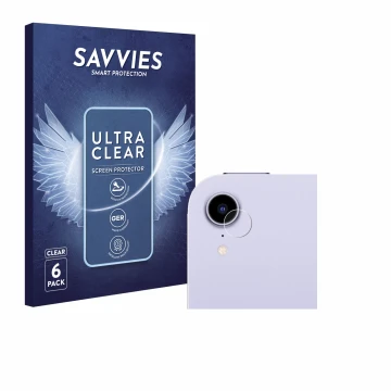 Vorderseite einer Produktverpackung mit dem Markenlogo Savvies. Daneben ist das Gerät Apple iPad Mini 7 2024 (NUR Kamera) mit 