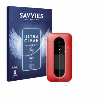Vorderseite einer Produktverpackung mit dem Markenlogo Savvies. Daneben ist das Gerät Doro Leva L30 (Äußeres Display) mit dem 