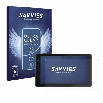 Vorderseite einer Produktverpackung mit dem Markenlogo Savvies. Daneben ist das Gerät Lisciani Mio Tab 7 mit dem zugehörigen D
